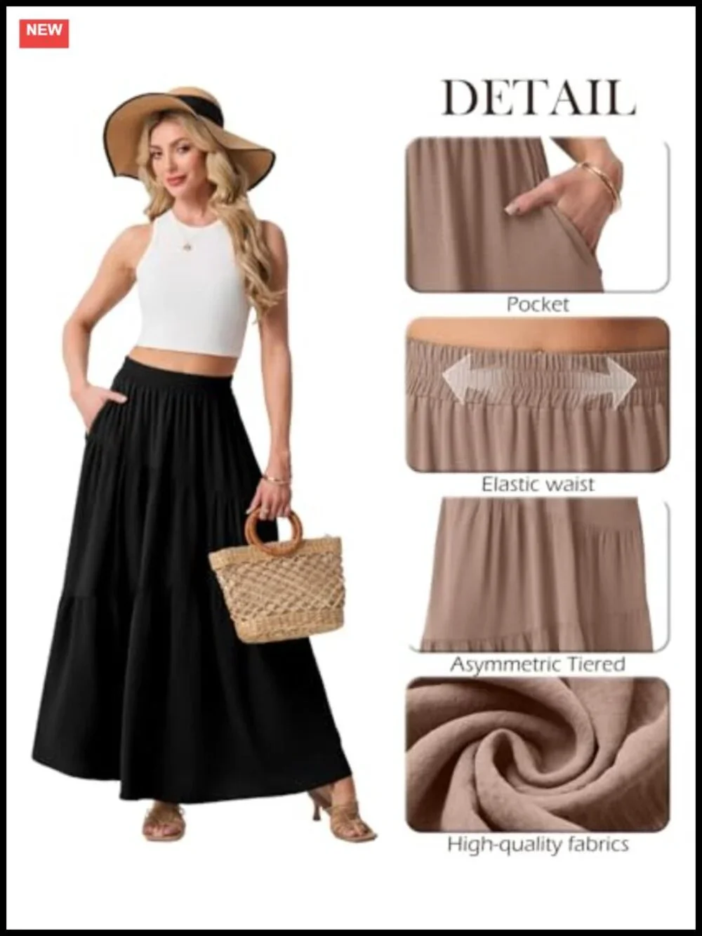 Women's High Waist Maxi Skirt with Pockets Flowy Tiered Boho Casual Lightweight